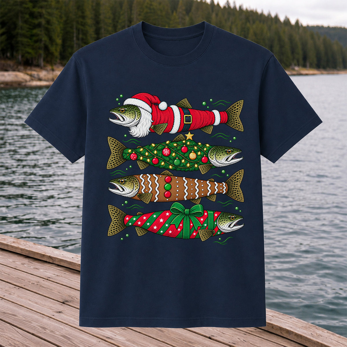 Christmas Trout Santa Tree and Gift Wrap Fishing T-Shirt