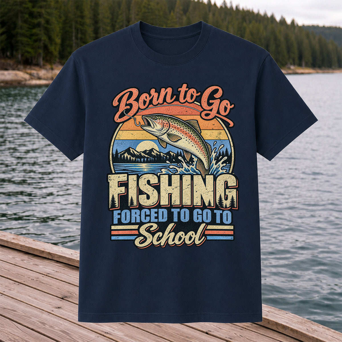 Born to Go Fishing Forced to Go to School Retro Rainbow Trout T-Shirt