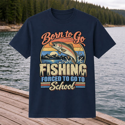 Born to Go Fishing Forced to Go to School Retro Rainbow Trout T-Shirt