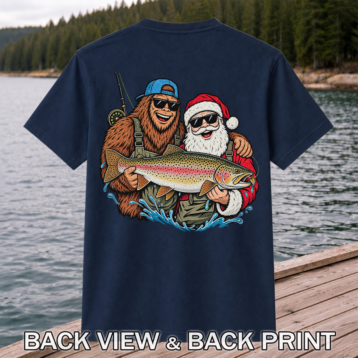 Bigfoot and Santa Holding Rainbow Trout Christmas Fishing Graphic T-Shirt | Back Print
