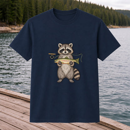 Cute Raccoon Holding Rainbow Trout Fly Fishing Graphic T-Shirt