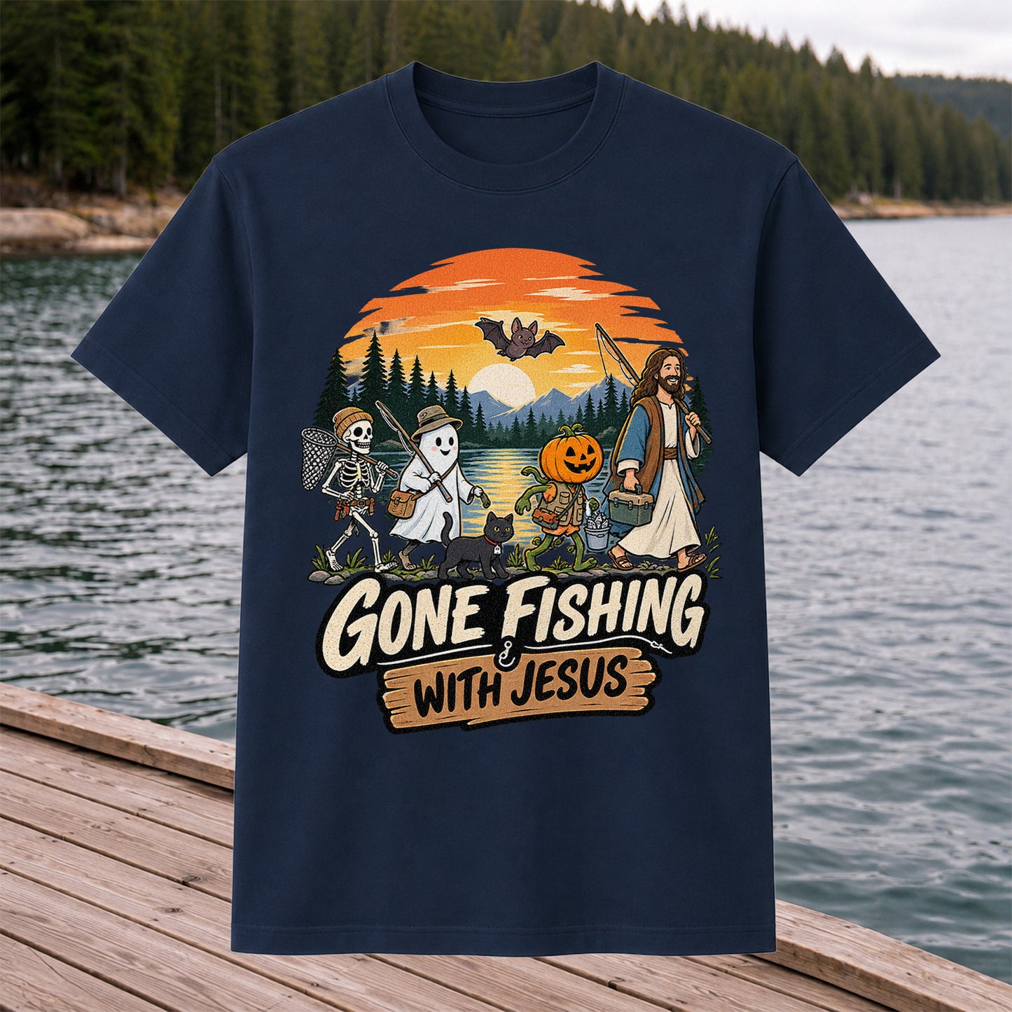 Gone Fishing with Jesus Skeleton Ghost and Pumpkin Halloween Fishing T-Shirt