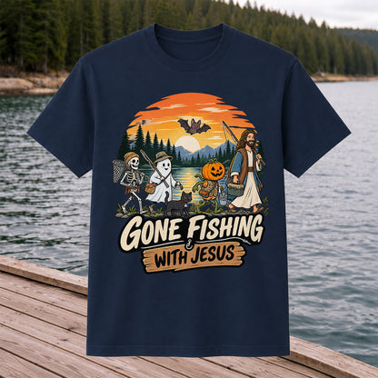 Gone Fishing with Jesus Skeleton Ghost and Pumpkin Halloween Fishing T-Shirt