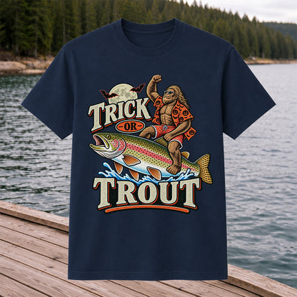 Trick or Trout Bigfoot Riding a Rainbow Trout Halloween Fishing T-Shirt