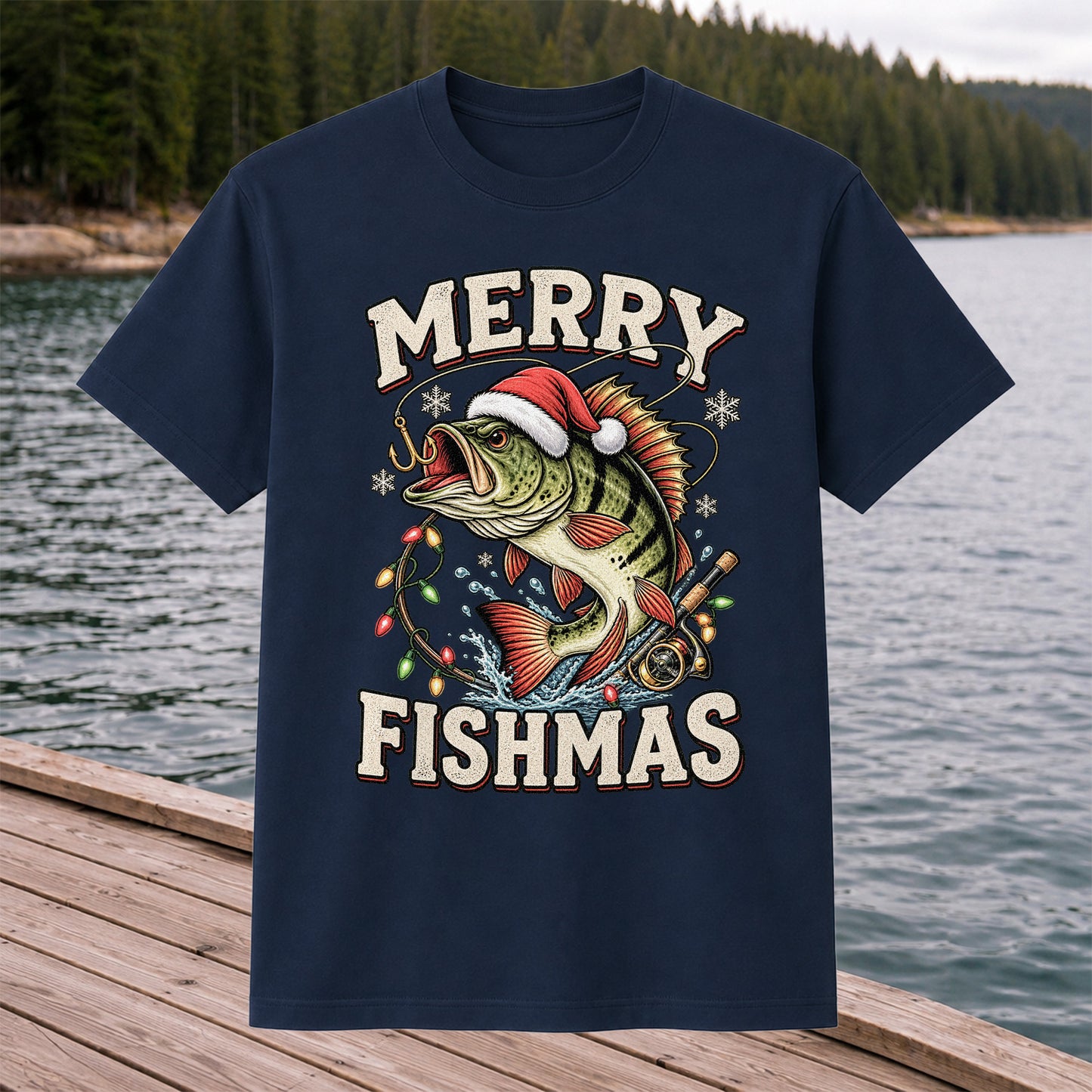 Merry Fishmas Santa Hat Bass Christmas Fishing T-Shirt