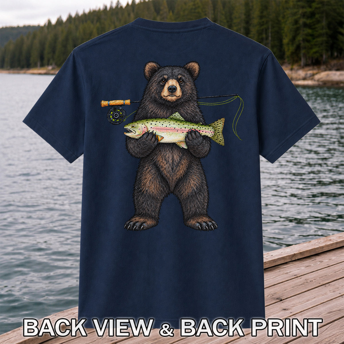 Black Bear Holding Rainbow Trout Fly Fishing Graphic T-Shirt | Back Print