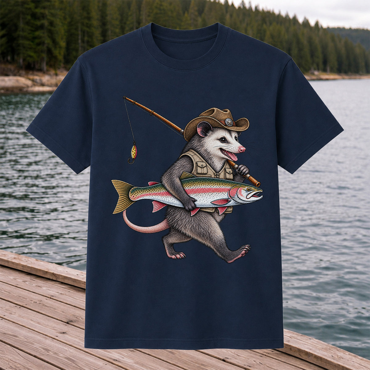 Cowboy Opossum Holding Rainbow Trout Fishing Graphic T-Shirt