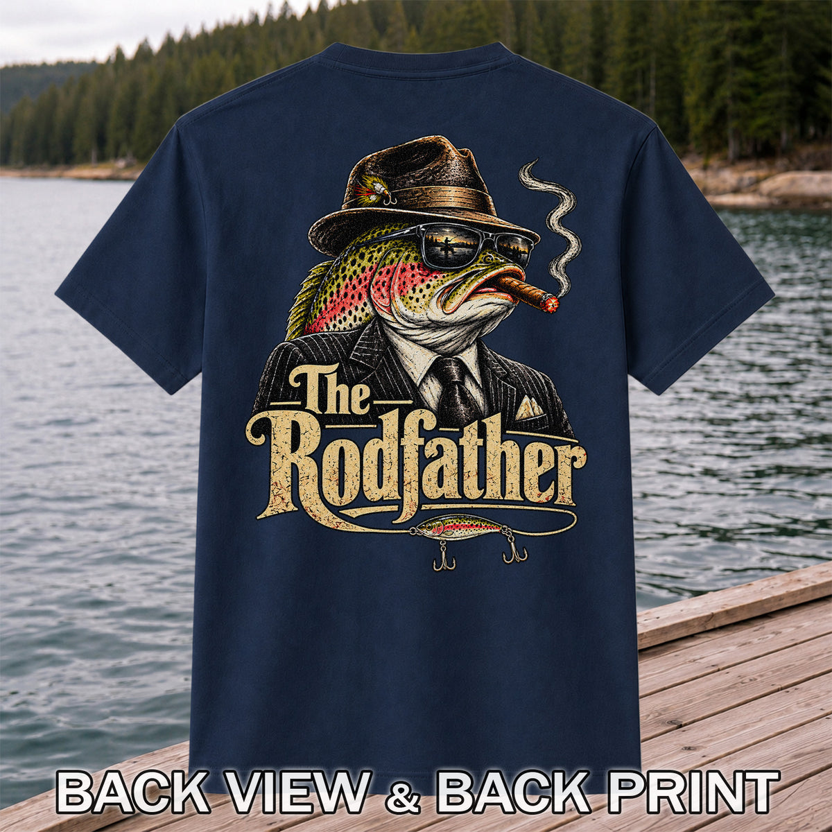 The Rodfather Rainbow Trout Gangster Funny Fishing T-Shirt | Back Print
