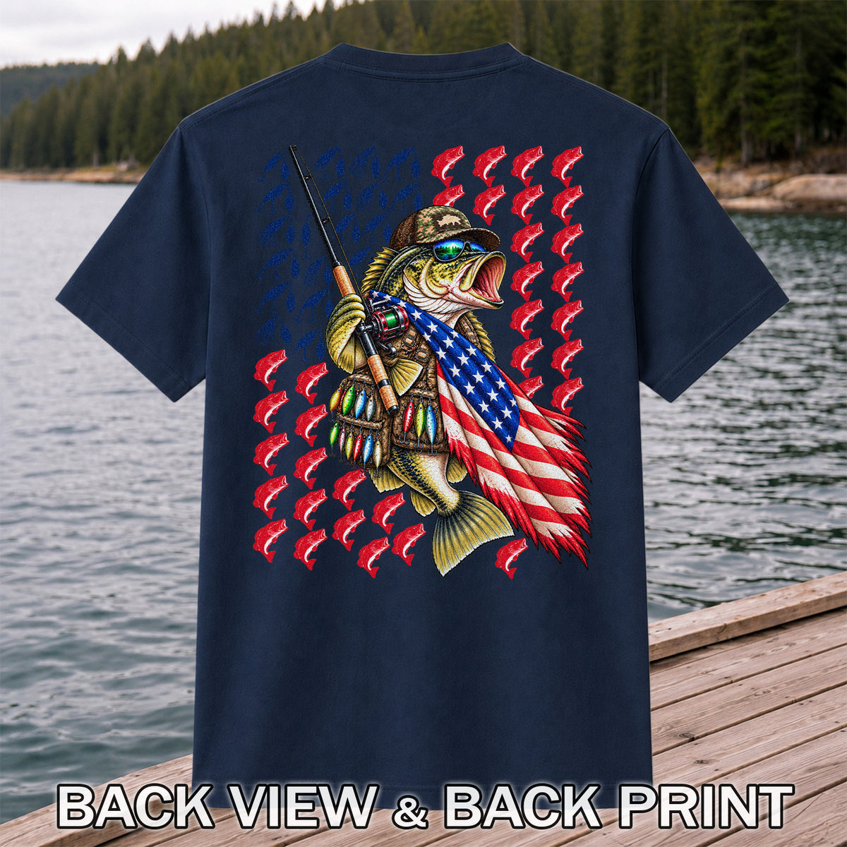 Patriotic Bass Fishing Graphic T-Shirt with American Flag Design | Back Print