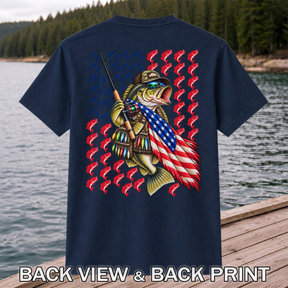 Patriotic Bass Fishing Graphic T-Shirt with American Flag Design | Back Print
