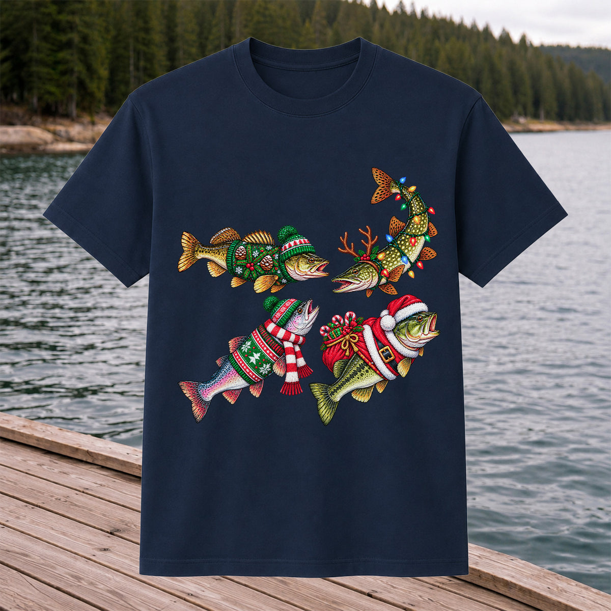 Festive Christmas Fish Wearing Holiday Sweaters Fishing T-Shirt