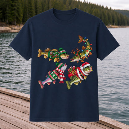 Festive Christmas Fish Wearing Holiday Sweaters Fishing T-Shirt