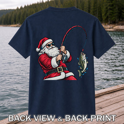 Santa Claus Catching a Bass Christmas Fishing Graphic T-Shirt | Back Print