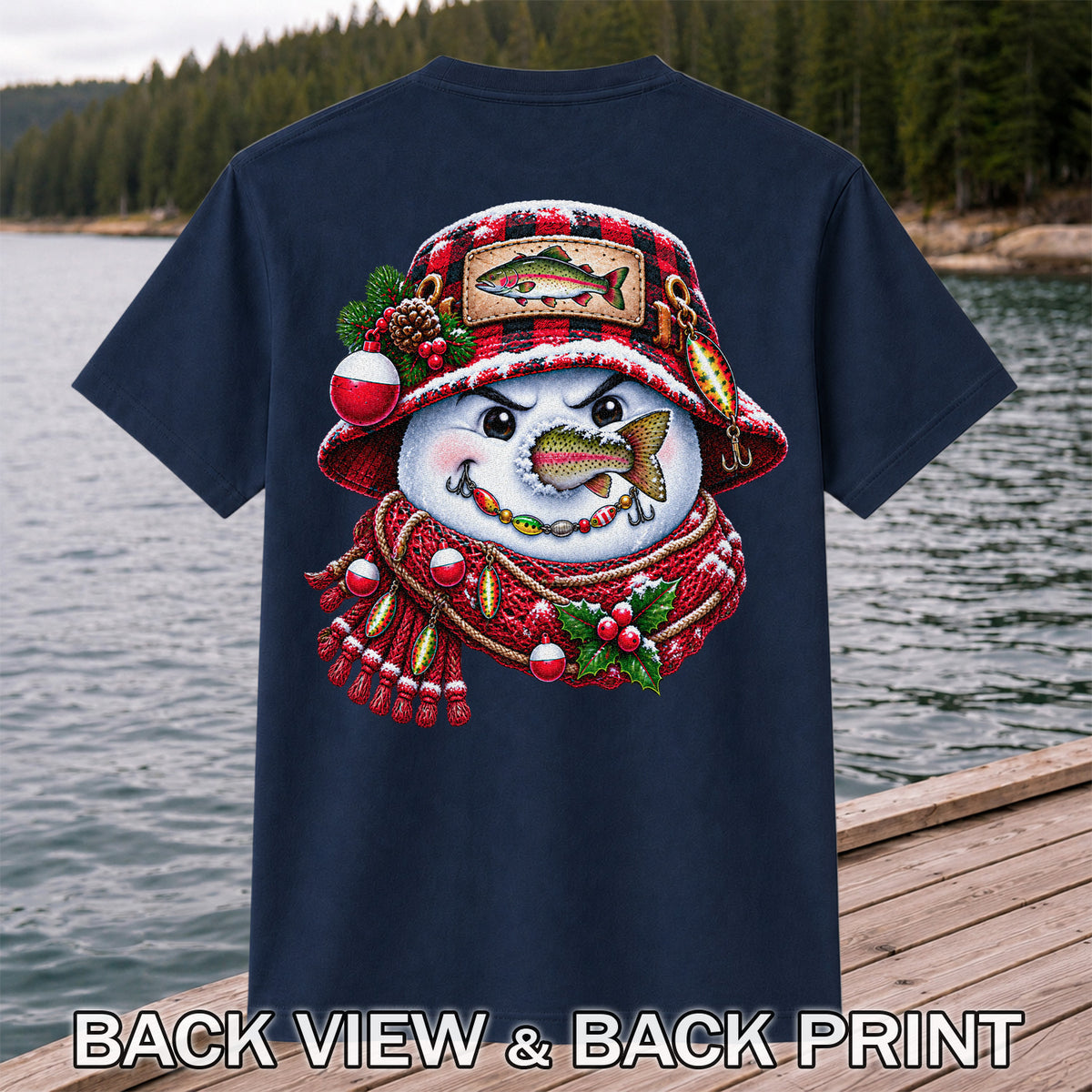 Christmas Snowman Trout Fishing Graphic T-Shirt | Back Print