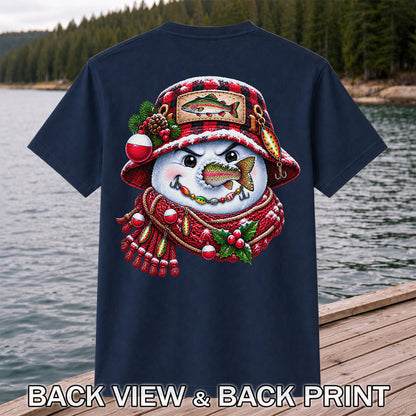 Christmas Snowman Trout Fishing Graphic T-Shirt | Back Print