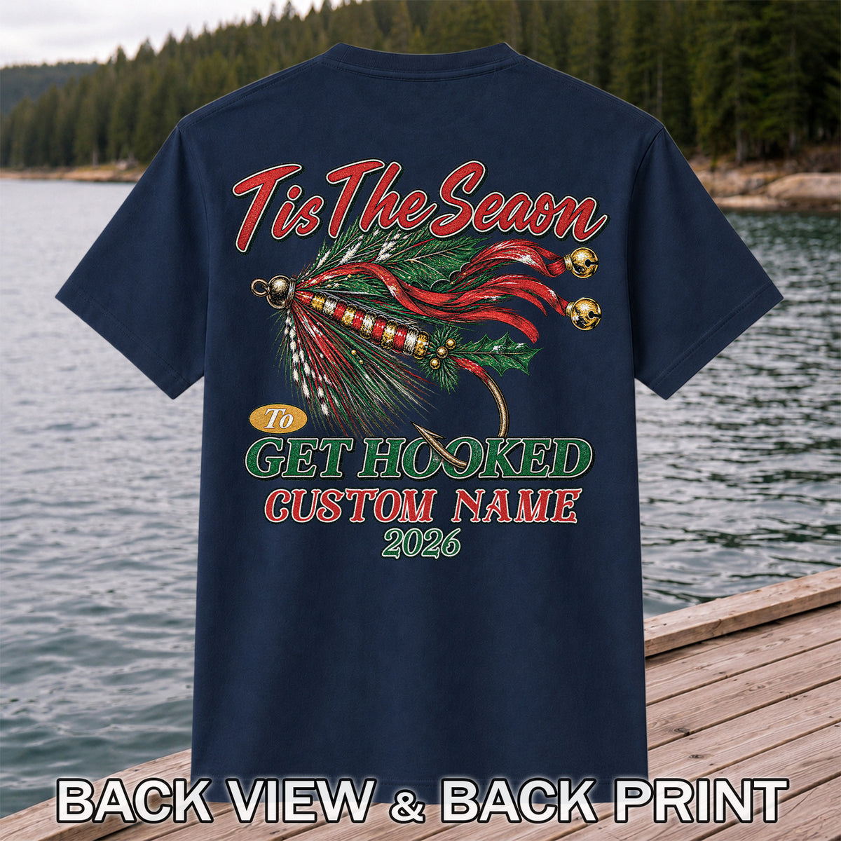 Personalized Christmas Fly Fishing Custom Name T-Shirt | Back Print