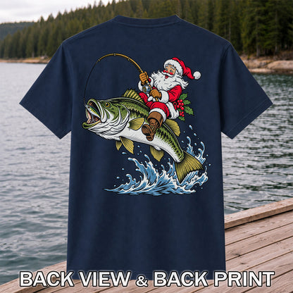 Santa Claus Riding a Bass Christmas Fishing Graphic T-Shirt | Back Print