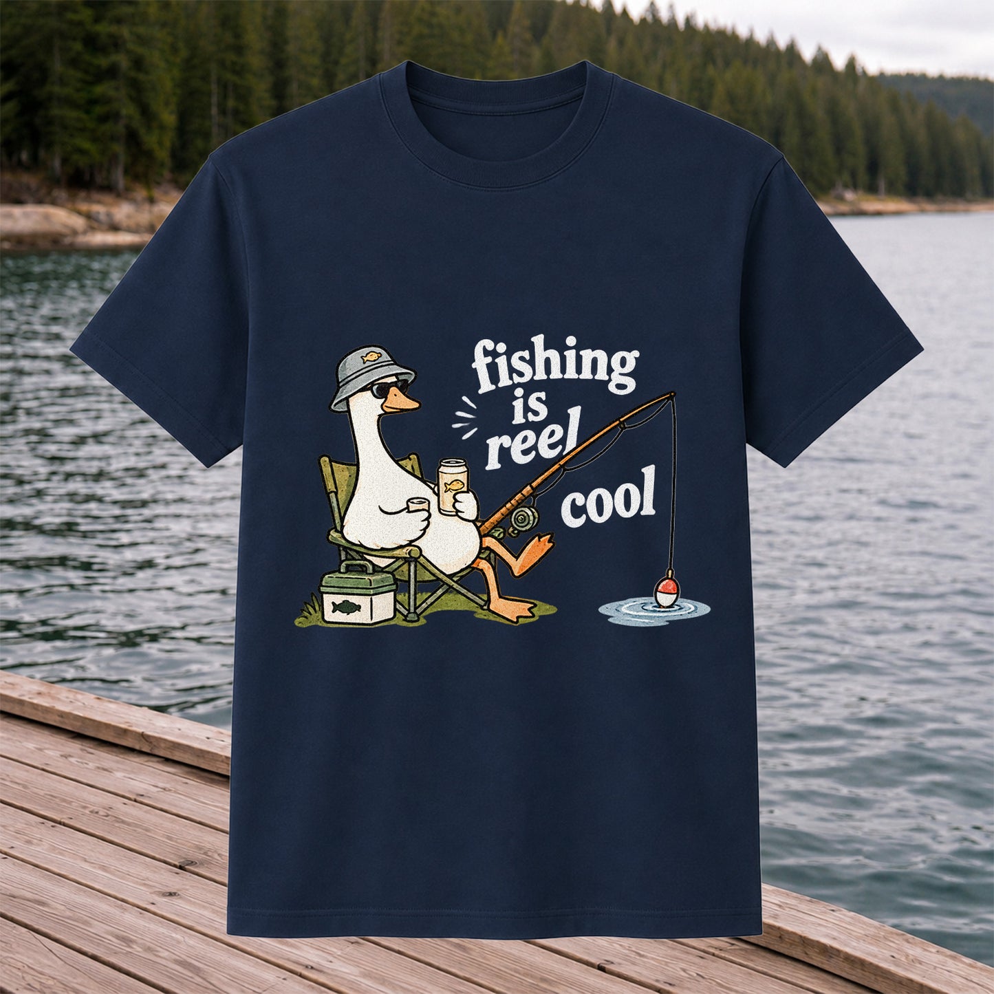 Fishing Is Reel Cool Funny Fishing Goose Graphic T-Shirt