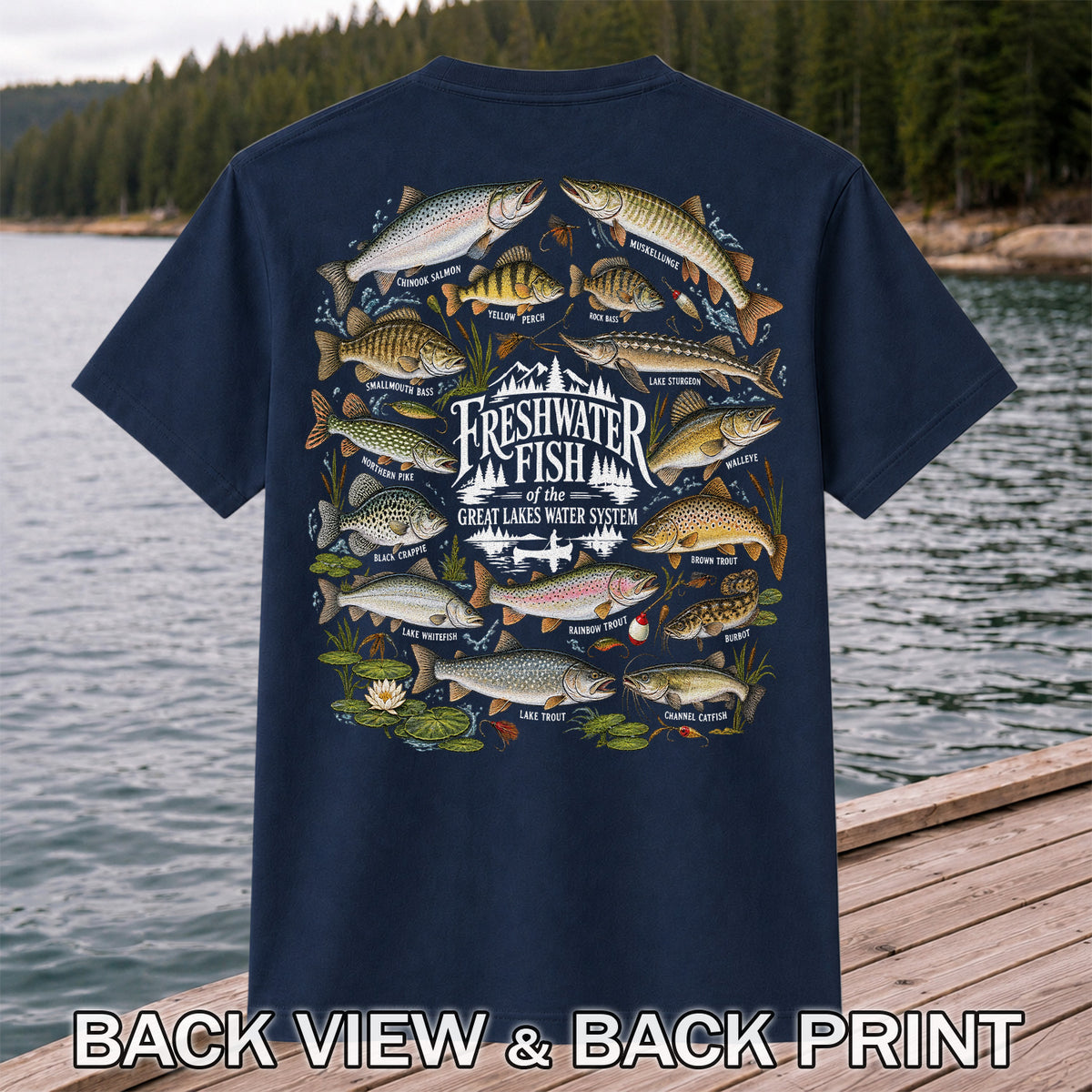 Freshwater Fish of the Great Lakes Water System Graphic T-Shirt | Back Print