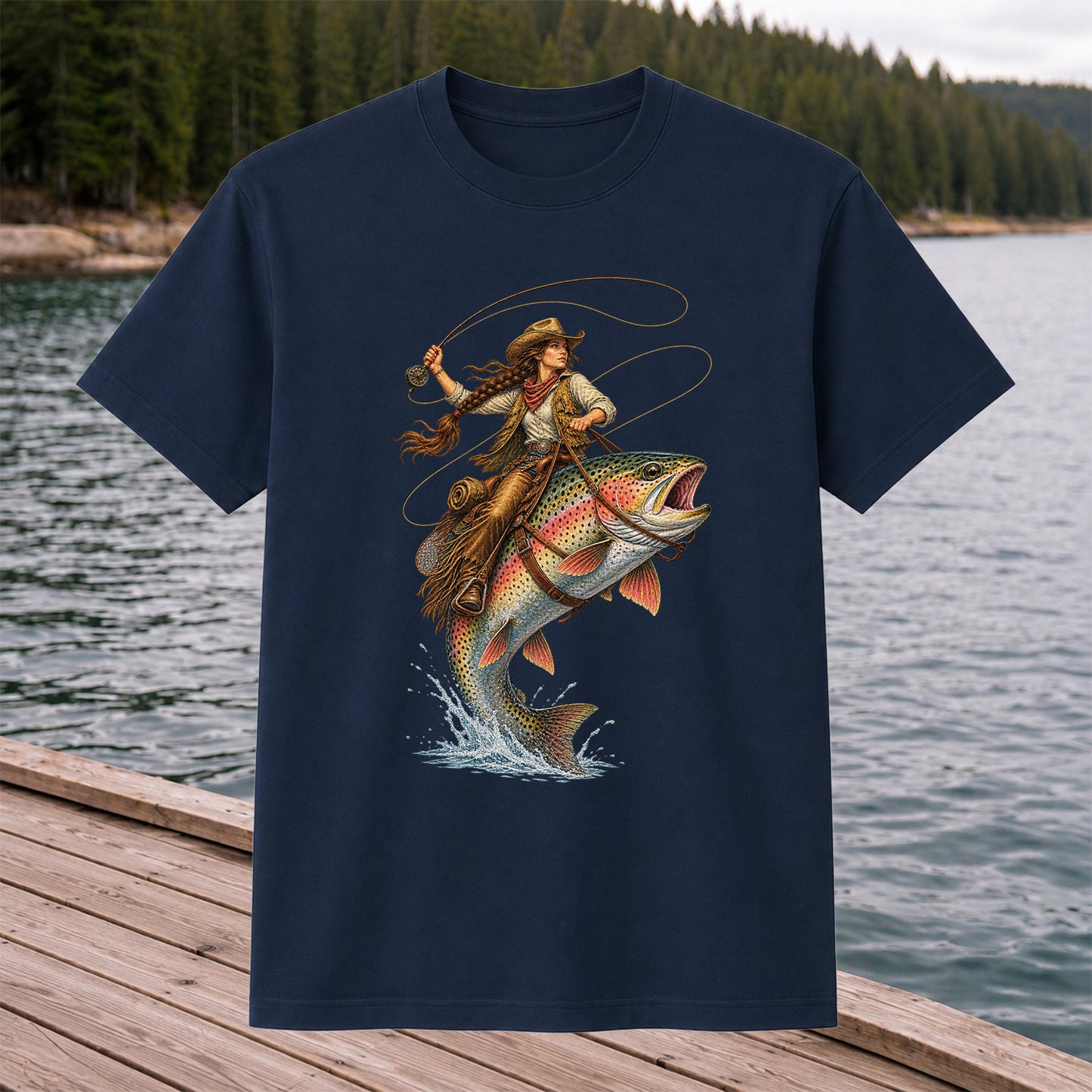 Western Cowgirl Riding a Rainbow Trout Fly Fishing Graphic T-Shirt