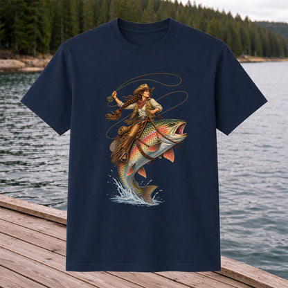 Western Cowgirl Riding a Rainbow Trout Fly Fishing Graphic T-Shirt