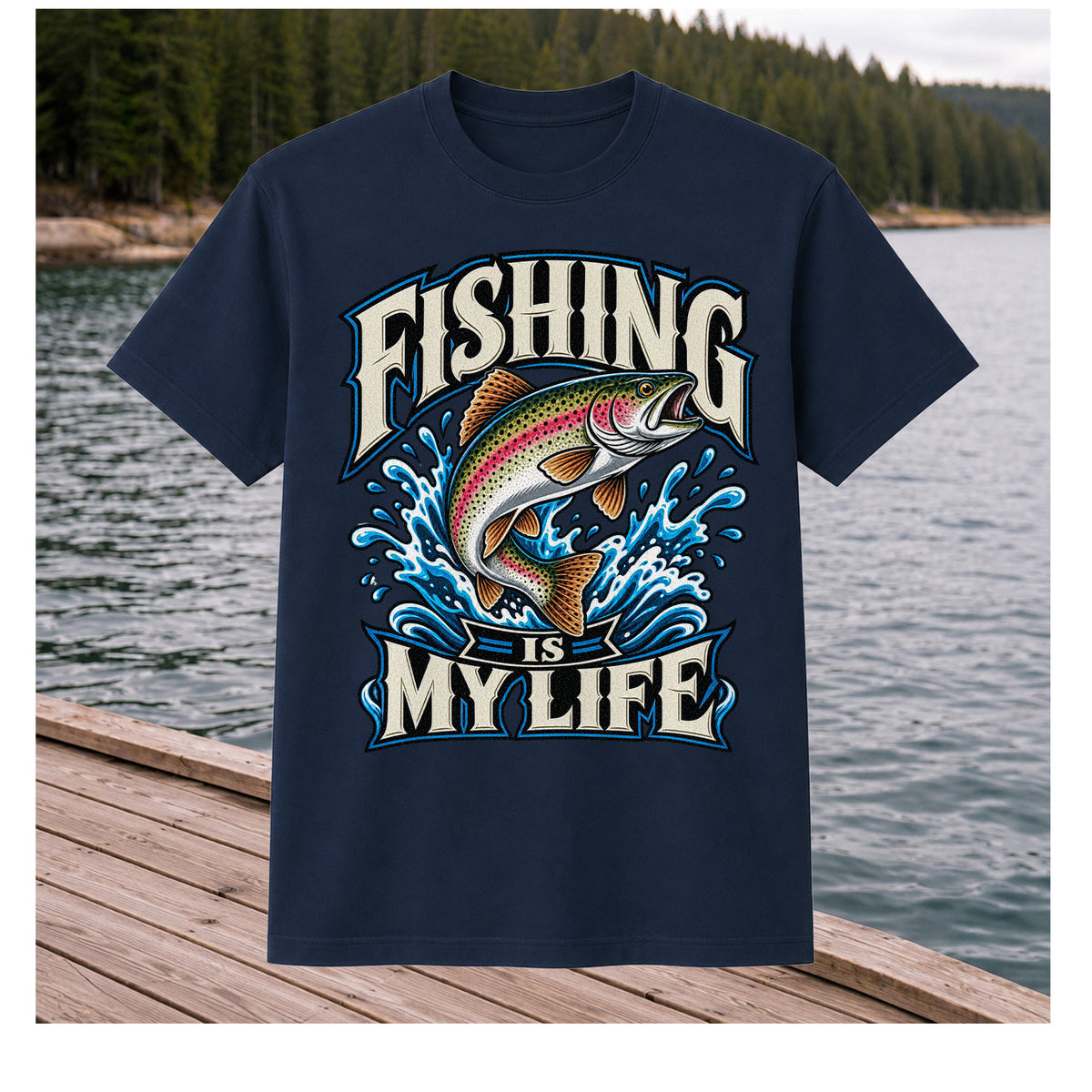 Fishing Is My Life Jumping Rainbow Trout Graphic T-Shirt