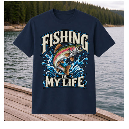 Fishing Is My Life Jumping Rainbow Trout Graphic T-Shirt