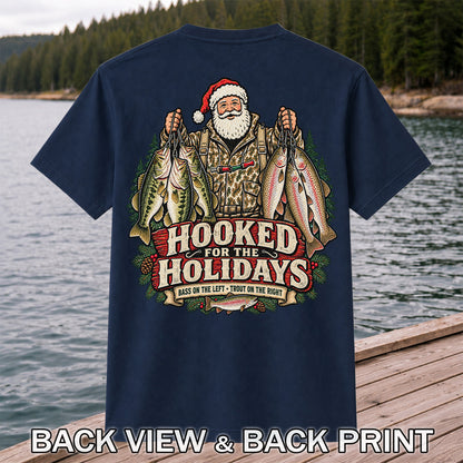 Hooked for the Holidays Bass on the Left Trout on the Right Santa Christmas Fishing T-Shirt | Back Print