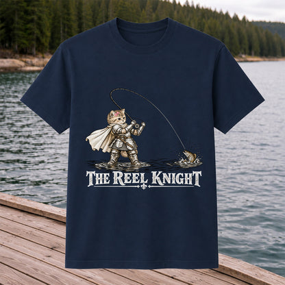 The Reel Knight Cat in Armor Funny Fishing Graphic T-Shirt