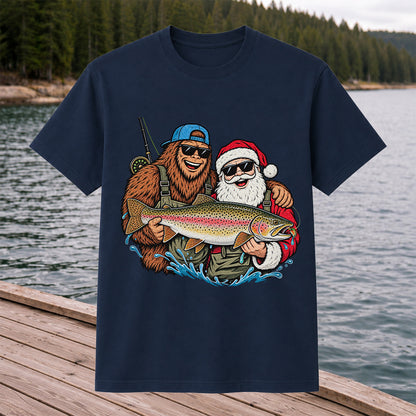 Bigfoot and Santa Holding Rainbow Trout Christmas Fishing Graphic T-Shirt