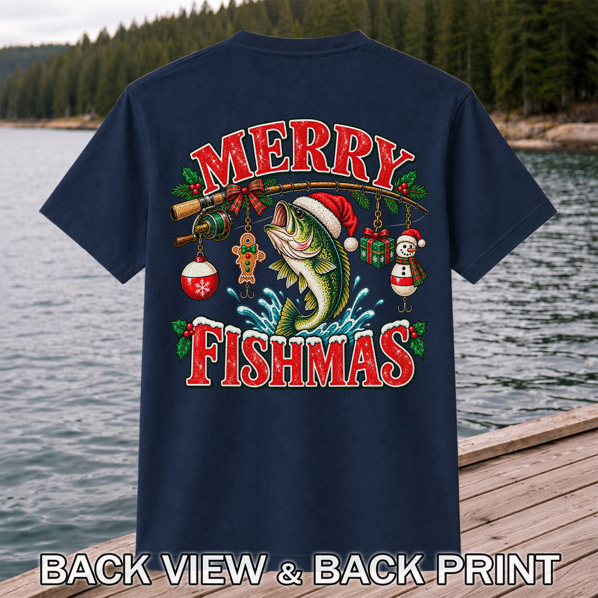 Merry Fishmas Santa Bass Christmas Fishing Graphic T-Shirt | Back Print