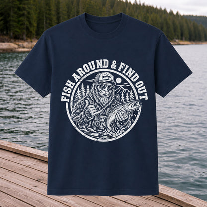 Fish Around & Find Out Bigfoot Trout Fishing Graphic T-Shirt