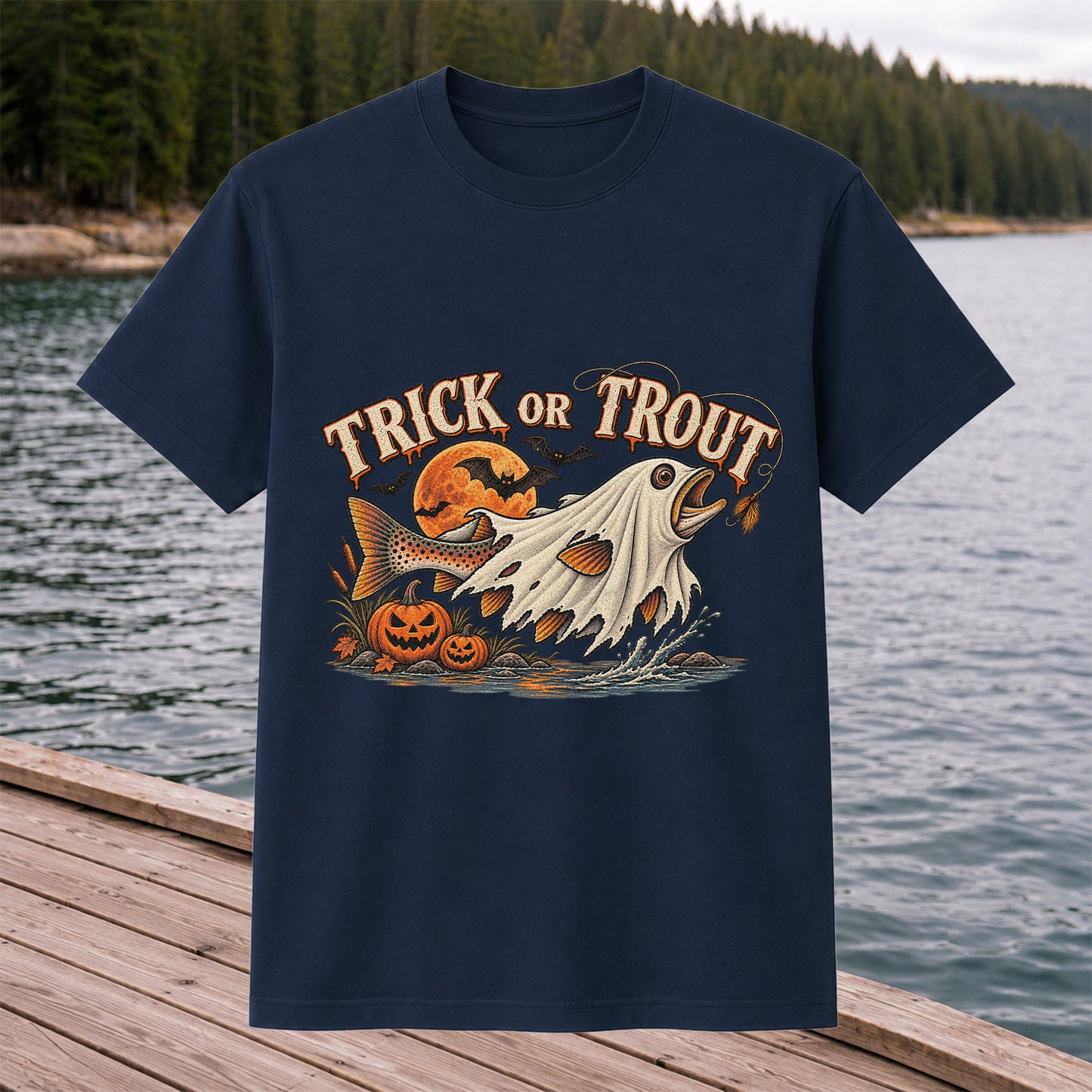 Trick or Trout Ghost Fish Halloween Fishing T-Shirt
