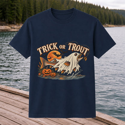 Trick or Trout Ghost Fish Halloween Fishing T-Shirt