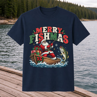 Merry Fishmas Santa Fishing for Bass Christmas Graphic T-Shirt