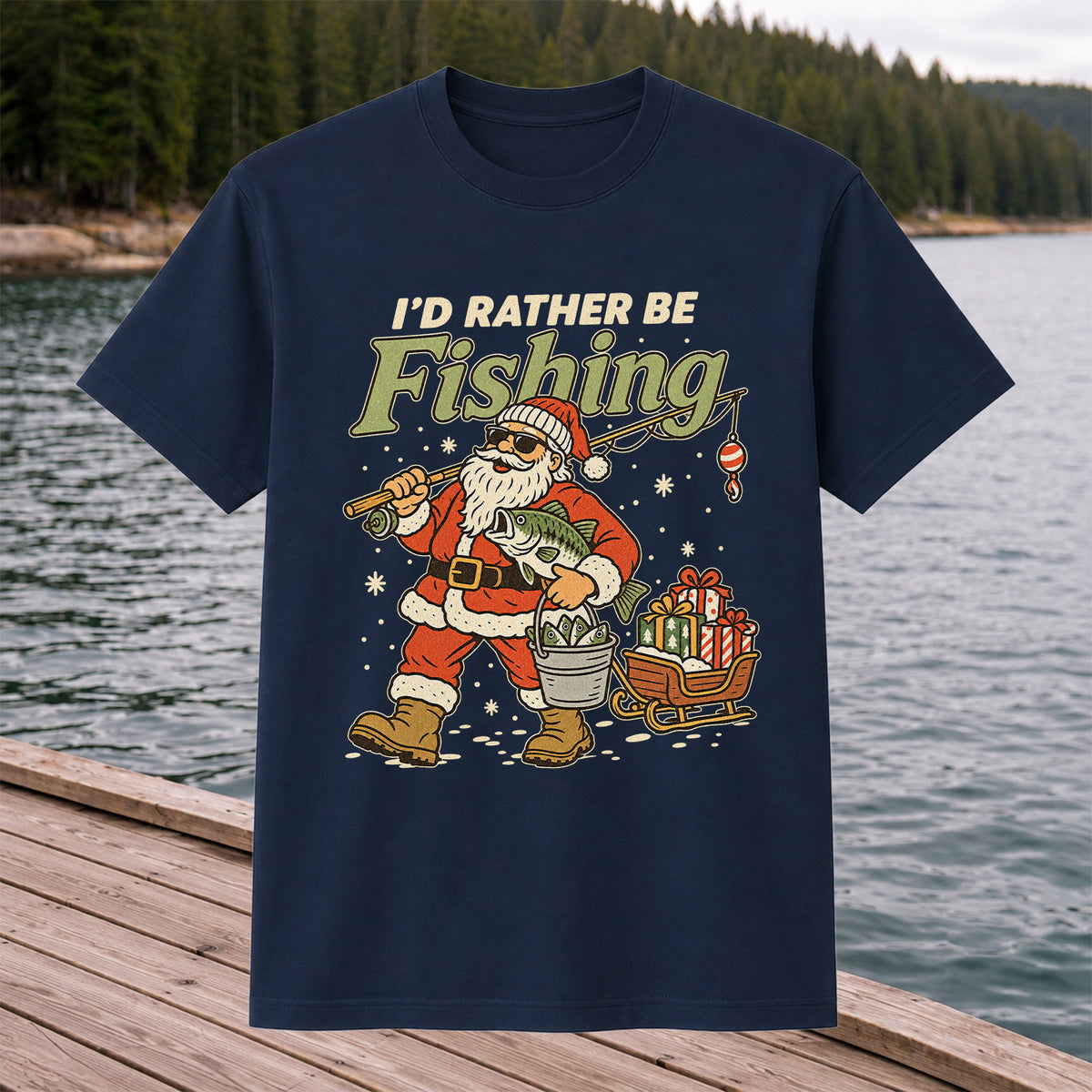Santa Claus Fishing with Bass Christmas T-Shirt
