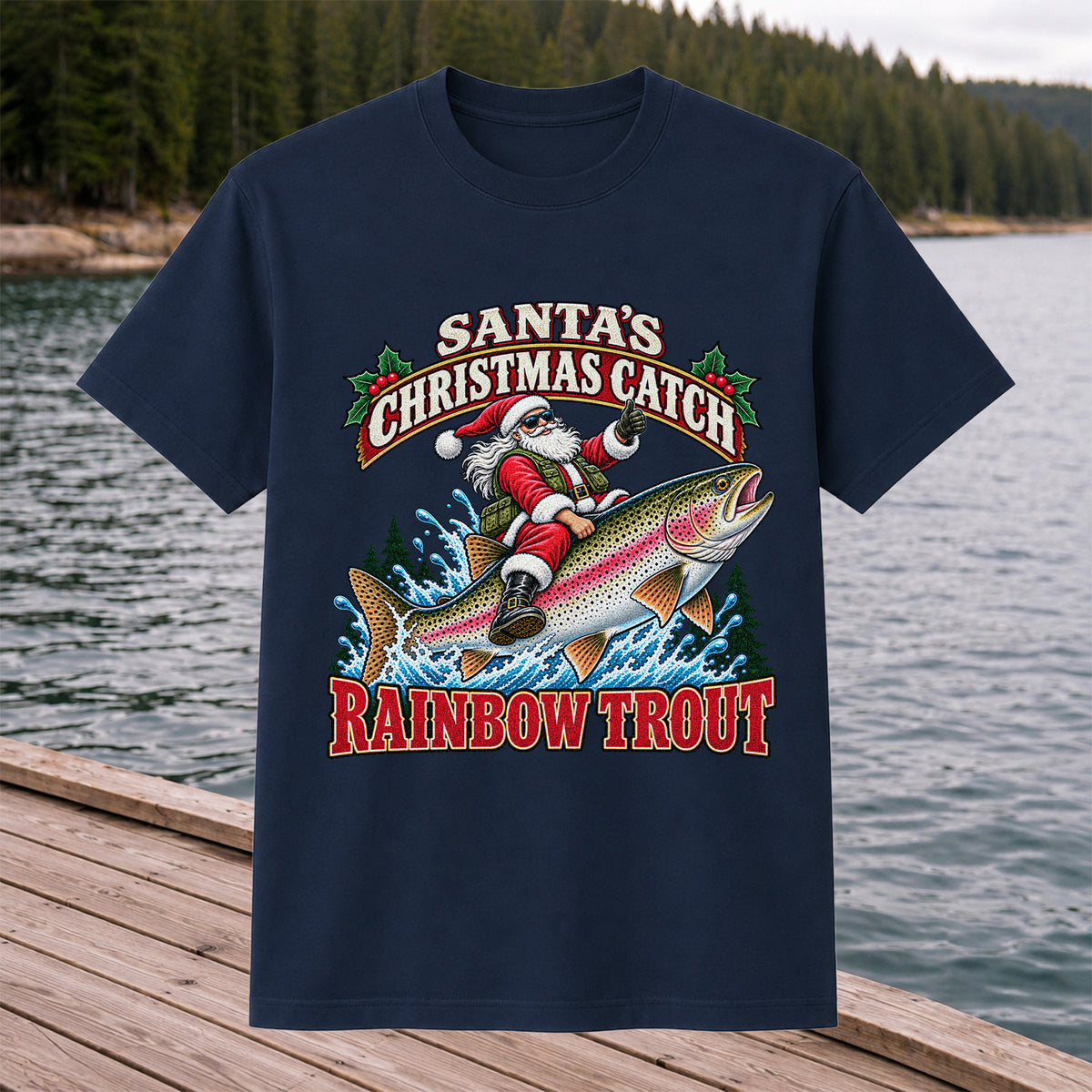 Santa's Christmas Catch Rainbow Trout Fishing T-Shirt