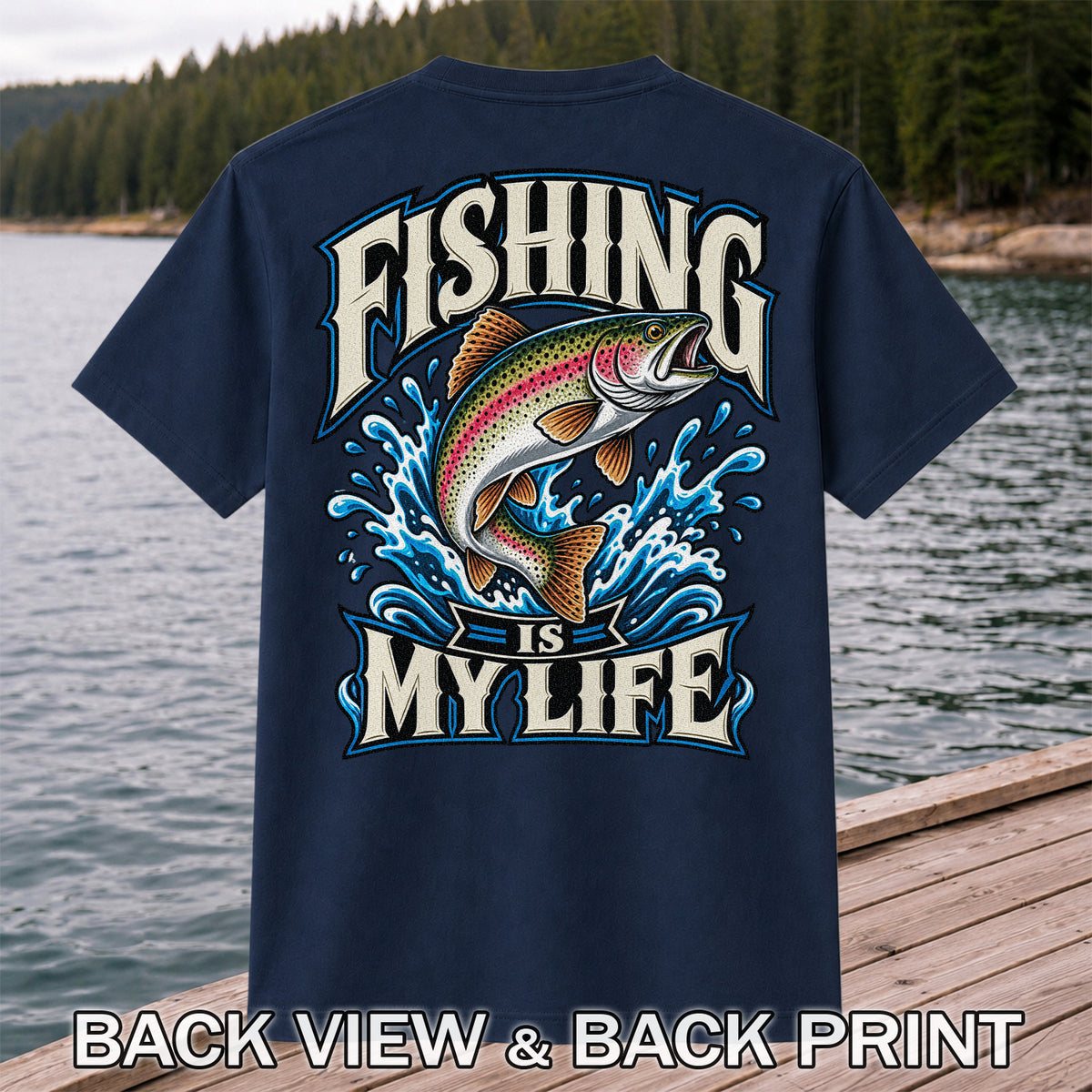 Fishing Is My Life Jumping Rainbow Trout Graphic T-Shirt | Back Print