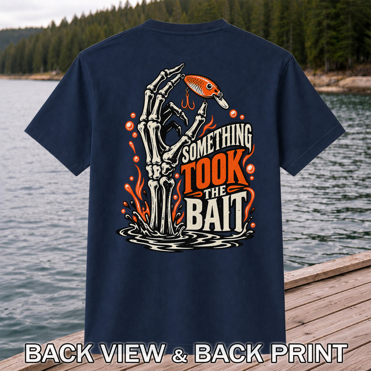 Skeleton Took the Bait Fishing Lure Gothic Graphic T-Shirt | Back Print