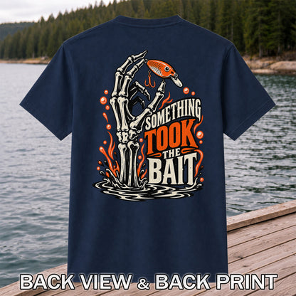 Skeleton Took the Bait Fishing Lure Gothic Graphic T-Shirt | Back Print