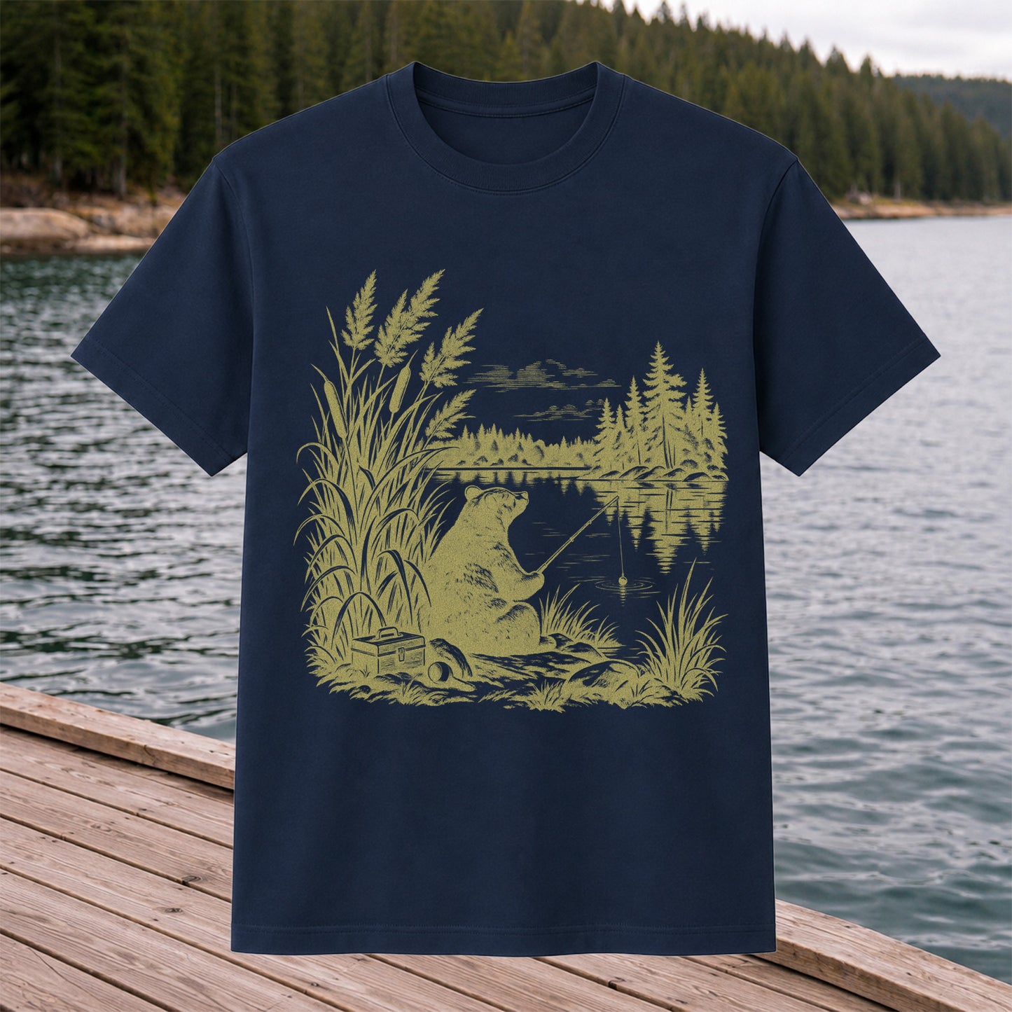 Bear Fishing by the Lake Vintage Outdoor Graphic T-Shirt