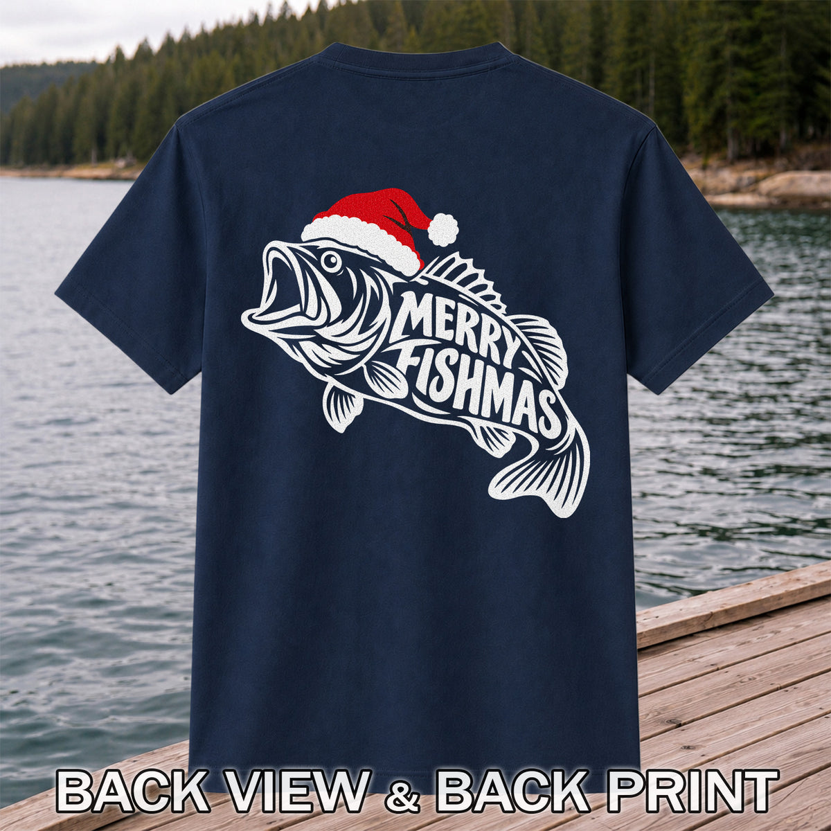 Santa Hat Fish Christmas Fishing Graphic T-Shirt | Back Print