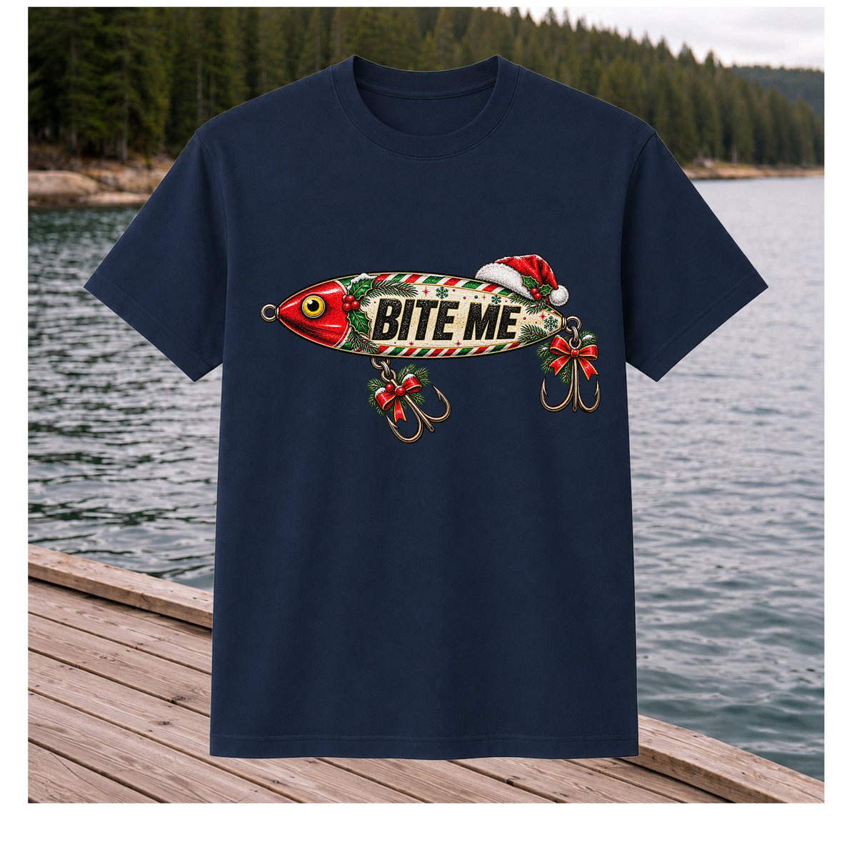 Bite Me Christmas Fishing Lure Funny Graphic T-Shirt