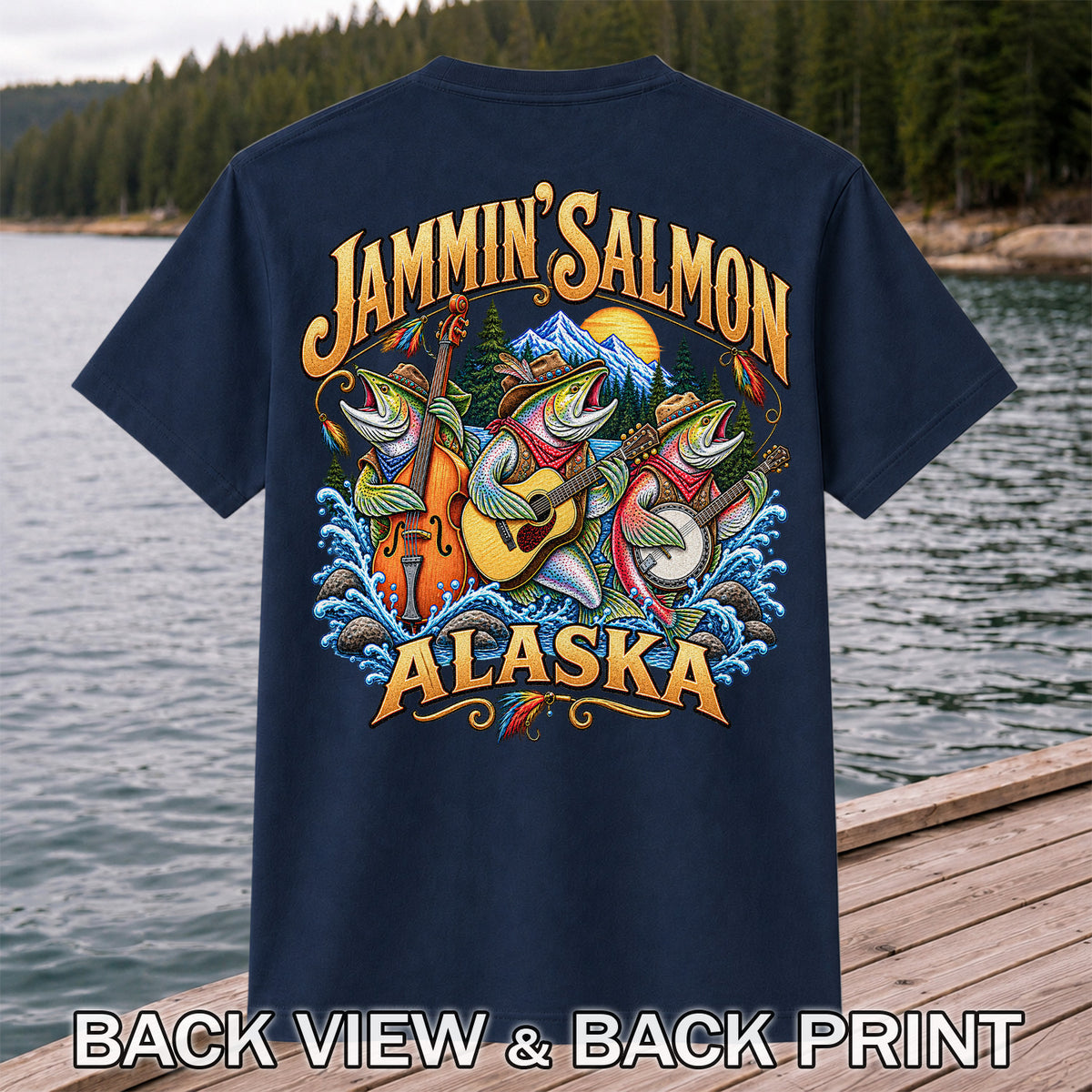 Salmon Music Band Alaska Fishing Graphic T-Shirt | Back Print