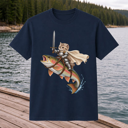 Cat Knight Riding a Rainbow Trout Fishing Graphic T-Shirt