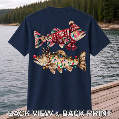 Festive Christmas Fish with Lights Fishing Graphic T-Shirt | Back Print