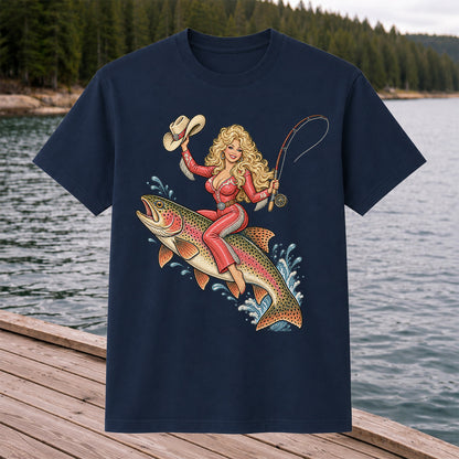 Cowgirl Riding a Rainbow Trout Western Fishing Graphic T-Shirt
