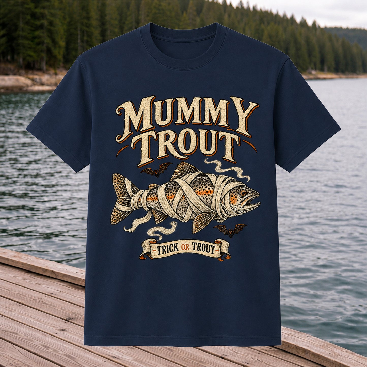 Mummy Trout Trick or Trout Halloween Fishing T-Shirt