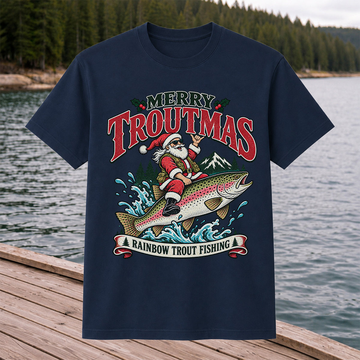 Merry Troutmas Santa Riding a Rainbow Trout Christmas Fishing T-Shirt