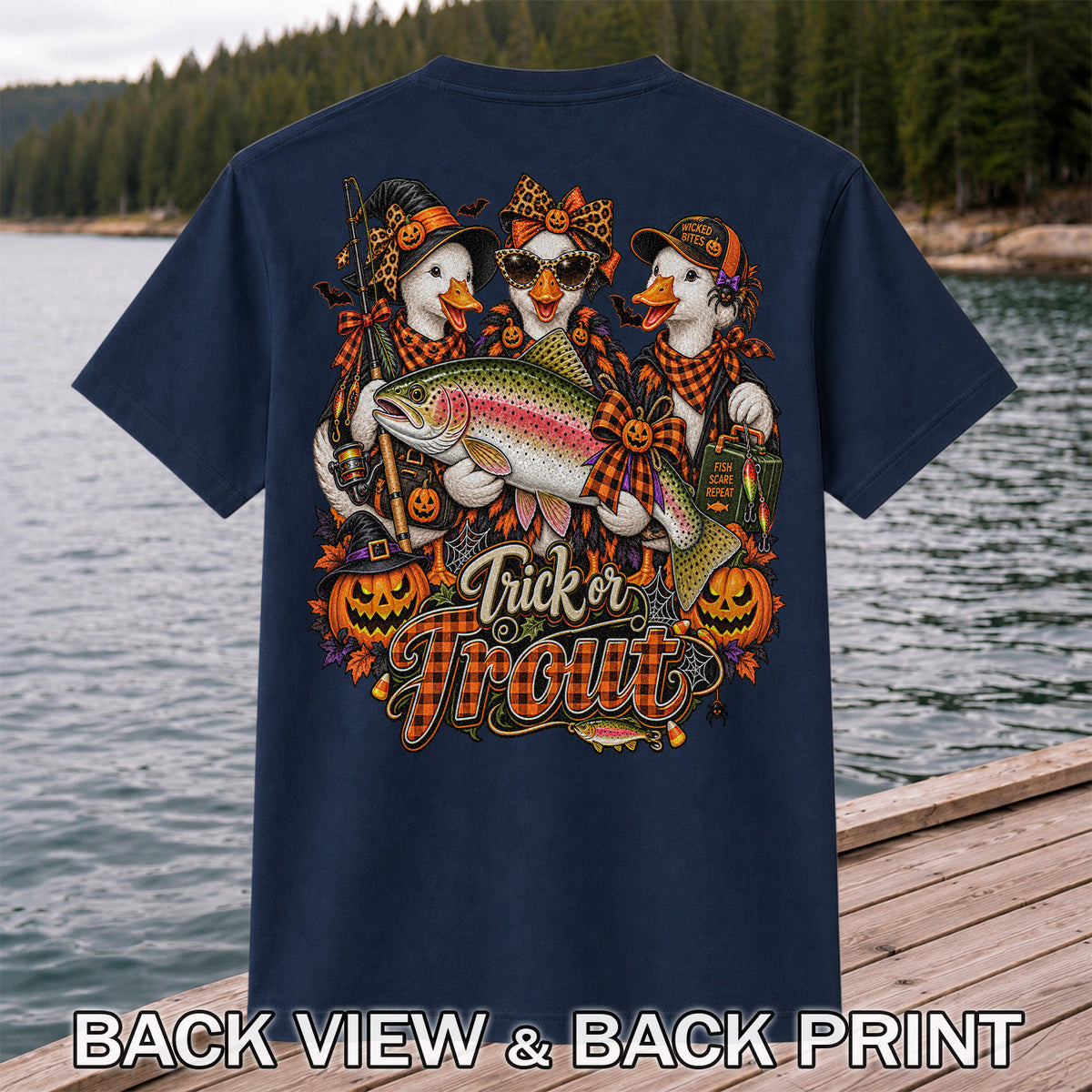 Trick or Trout Halloween Ducks with Rainbow Trout and Pumpkins Fishing T-Shirt | Back Print